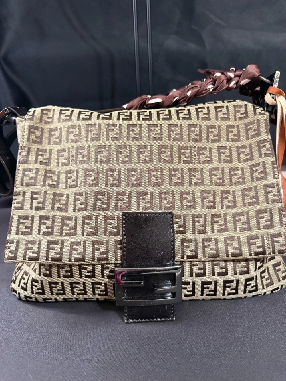 Vintage Fendi Brown Zucca Canvas Mama Baguette Shoulder Bag
